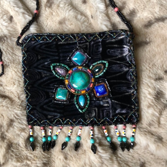 RARE 100% silk velvet artisan stone flower purse - Picture 5 of 16